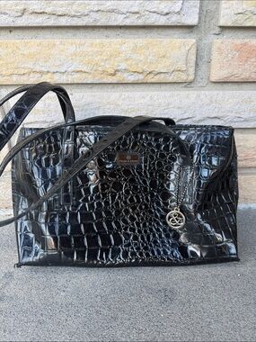Croco-Embossed Black Patent Tote with Charm